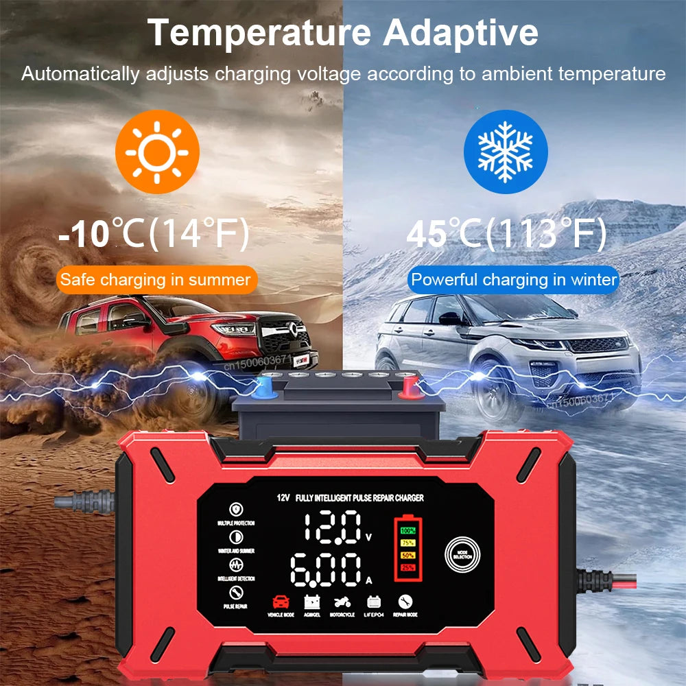 Car Battery Charger 12V 6A Vehicle Battery Charging Smart Pulse Repair Charger Portable Battery Charger for Car Motorcycle Truck