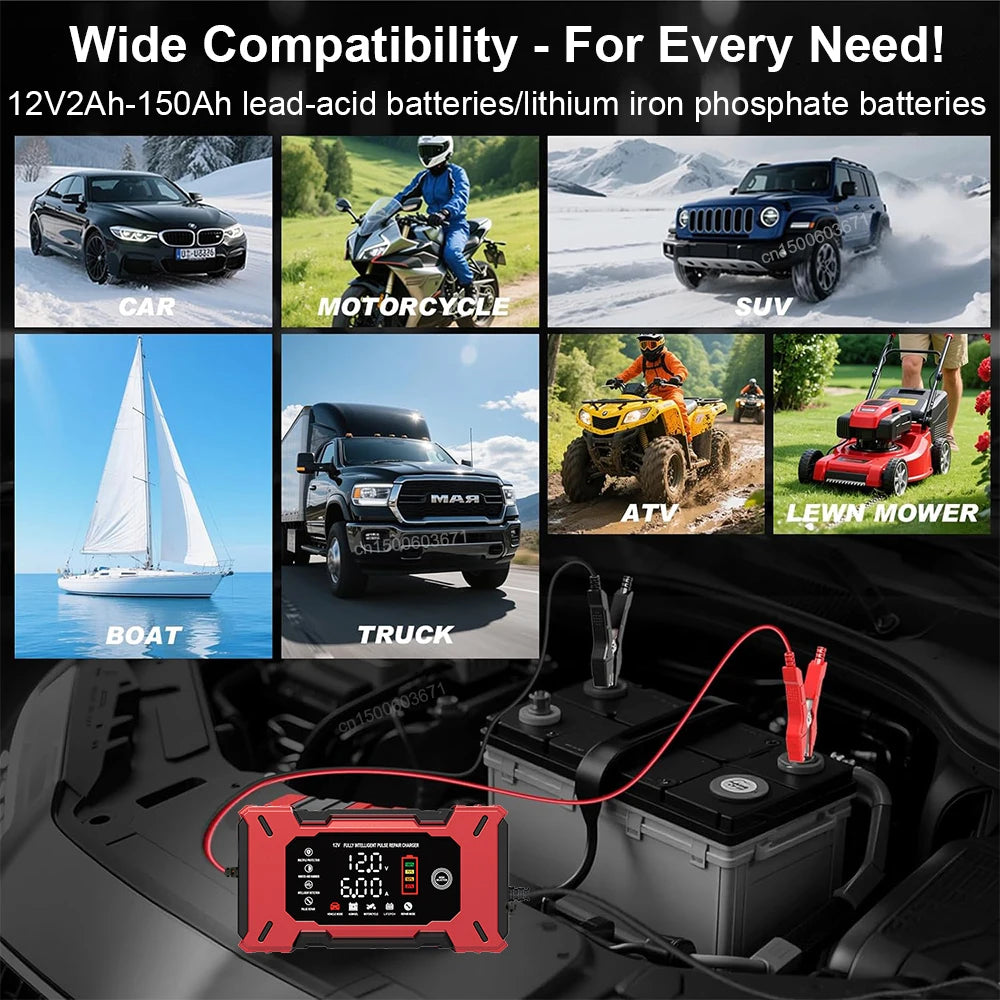 Car Battery Charger 12V 6A Vehicle Battery Charging Smart Pulse Repair Charger Portable Battery Charger for Car Motorcycle Truck