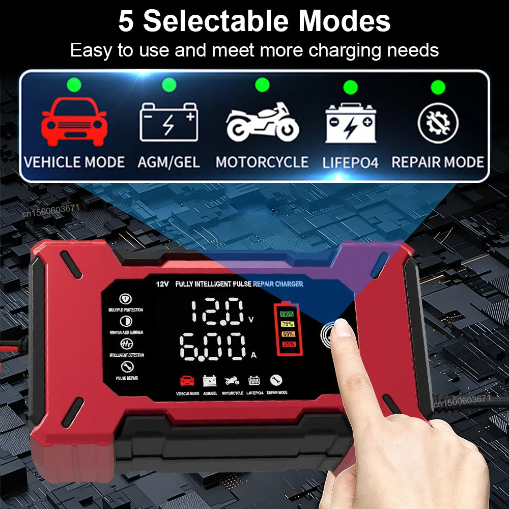 Car Battery Charger 12V 6A Vehicle Battery Charging Smart Pulse Repair Charger Portable Battery Charger for Car Motorcycle Truck