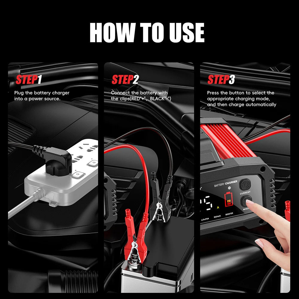 Portable Smart Car Battery Charger 25A/15A for 12V-24V Motorcycle Lead Acid AGM GEL LiFePo4 Batteries Car Booster Pulse Repair