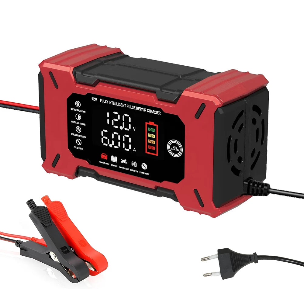 Car Battery Charger 12V 6A Vehicle Battery Charging Smart Pulse Repair Charger Portable Battery Charger for Car Motorcycle Truck