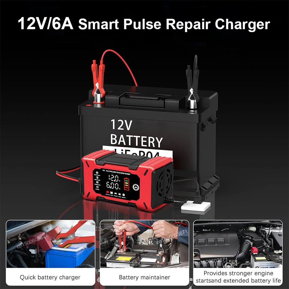 Car Battery Charger 12V 6A Vehicle Battery Charging Smart Pulse Repair Charger Portable Battery Charger for Car Motorcycle Truck