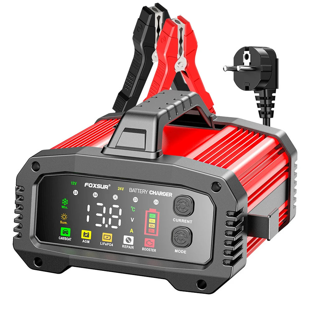 Portable Smart Car Battery Charger 25A/15A for 12V-24V Motorcycle Lead Acid AGM GEL LiFePo4 Batteries Car Booster Pulse Repair