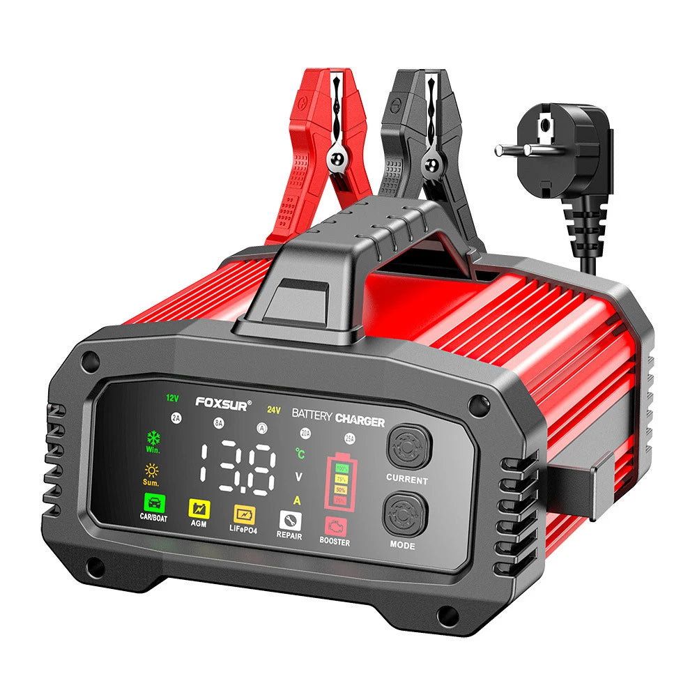 Portable Smart Car Battery Charger 25A/15A for 12V-24V Motorcycle Lead Acid AGM GEL LiFePo4 Batteries Car Booster Pulse Repair
