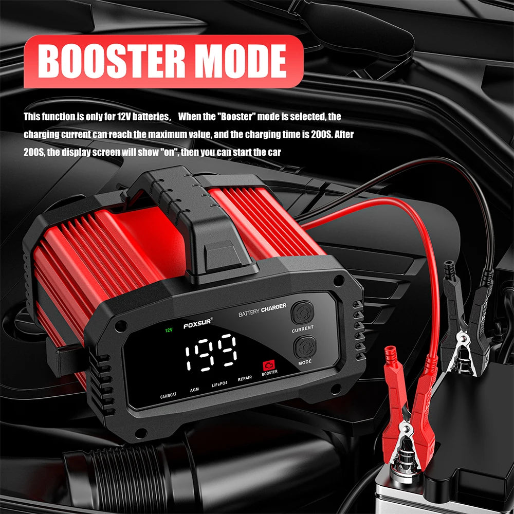 Portable Smart Car Battery Charger 25A/15A for 12V-24V Motorcycle Lead Acid AGM GEL LiFePo4 Batteries Car Booster Pulse Repair