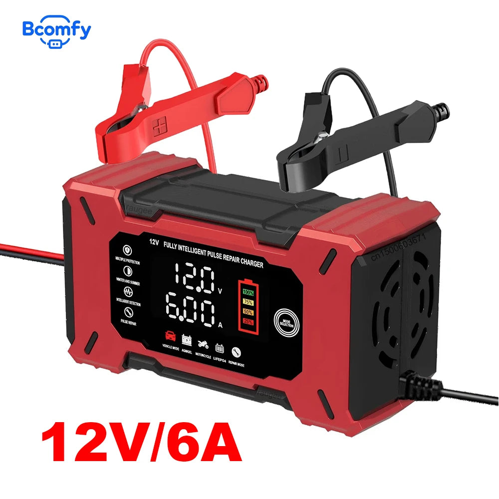 Car Battery Charger 12V 6A Vehicle Battery Charging Smart Pulse Repair Charger Portable Battery Charger for Car Motorcycle Truck